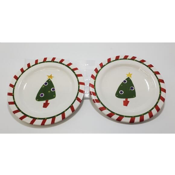 Pier 1 Hand Painted Ironstone Christmas Tree/Candy Cane Salad Plate (Set of 2) - Picture 1 of 5